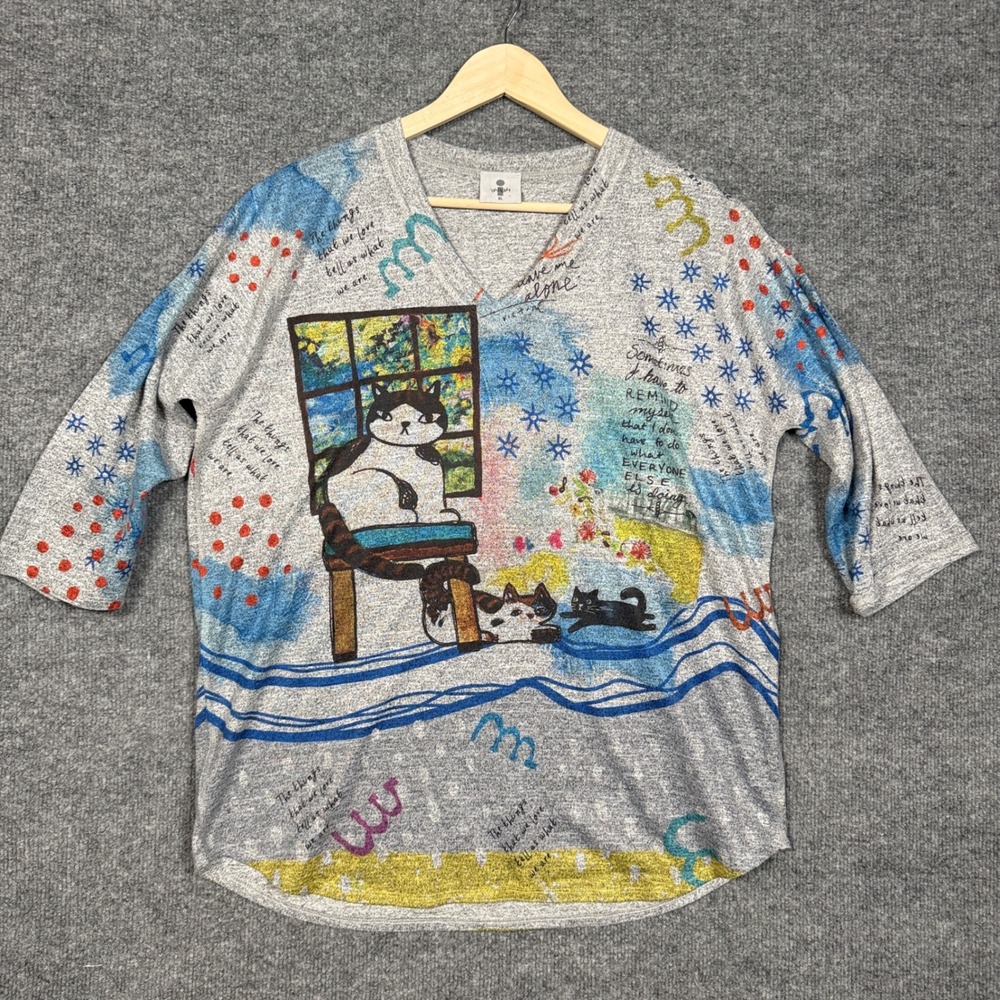 Inoah Size XL Tunic Top Gray Graphics Knit Art To Wear V Neck Elbow Sleeves